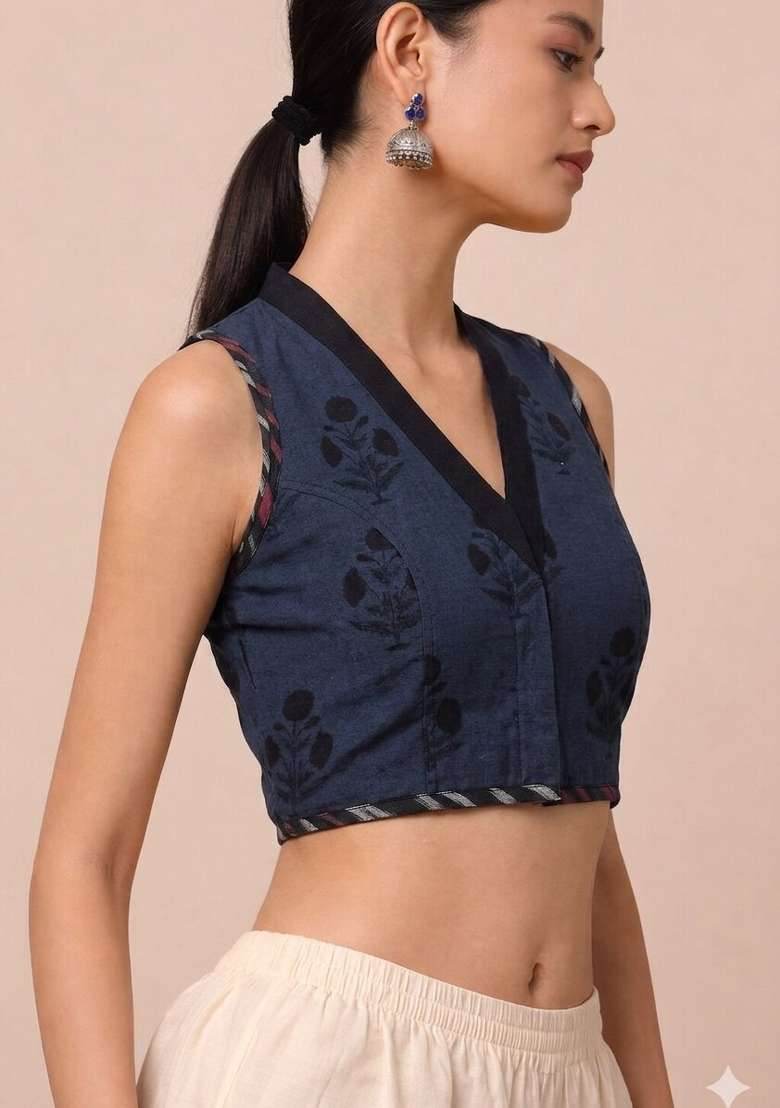 Navy Blue Printed Cotton Blouse - Indya