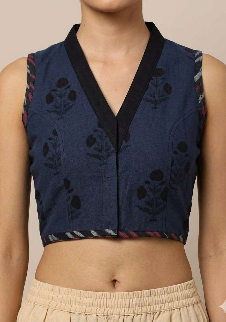 Navy Blue Printed Cotton Blouse - Indya