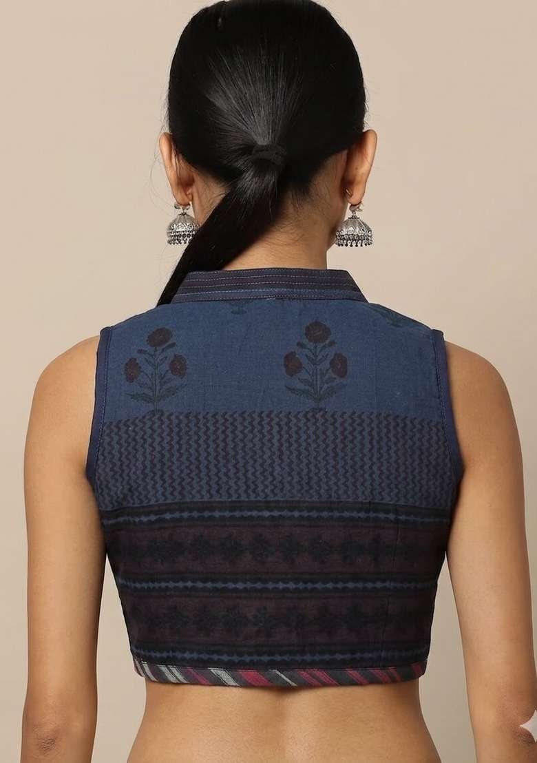 Navy Blue Printed Cotton Blouse - Indya
