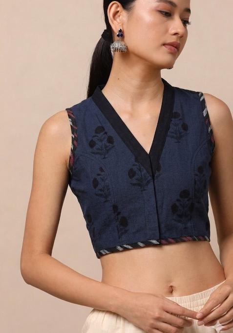 Navy Blue Printed Cotton Blouse