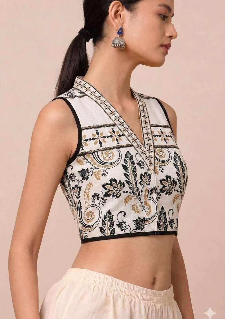 White Printed Cotton Blouse - Indya