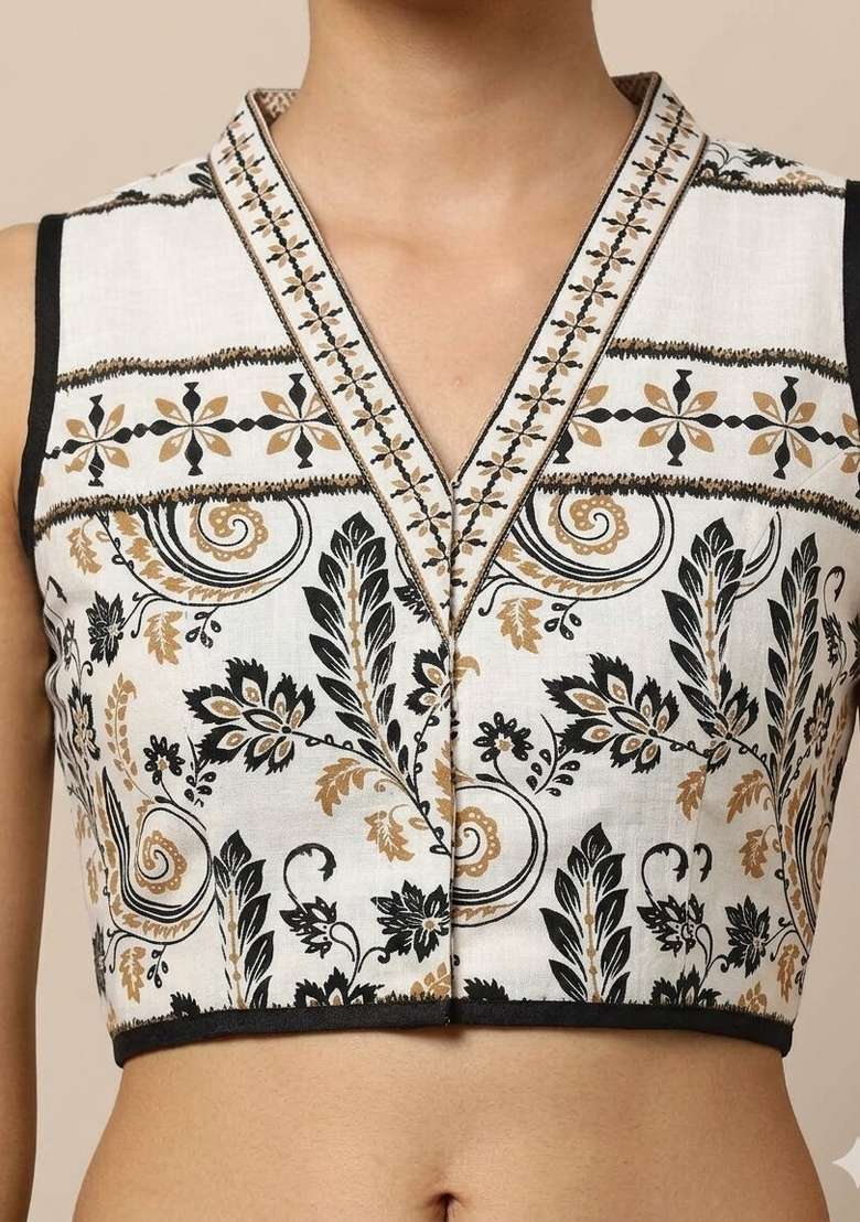 White Printed Cotton Blouse - Indya