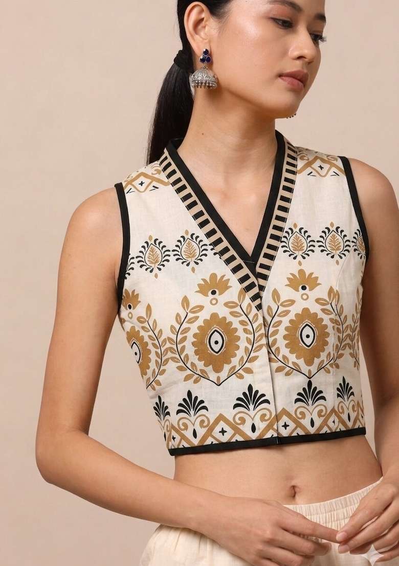 White Printed Cotton Blouse - Indya