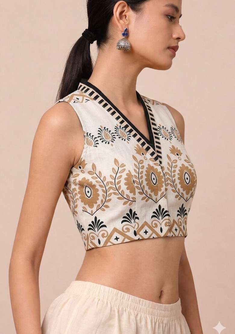 White Printed Cotton Blouse - Indya