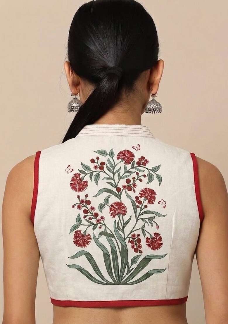 White Printed Cotton Blouse - Indya