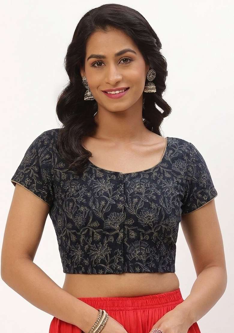 Navy Blue Printed Cotton Blouse - Indya