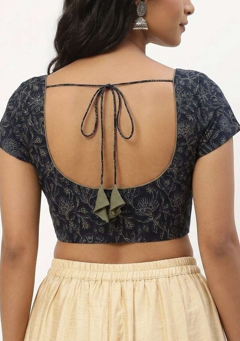 Navy Blue Printed Cotton Blouse - Indya
