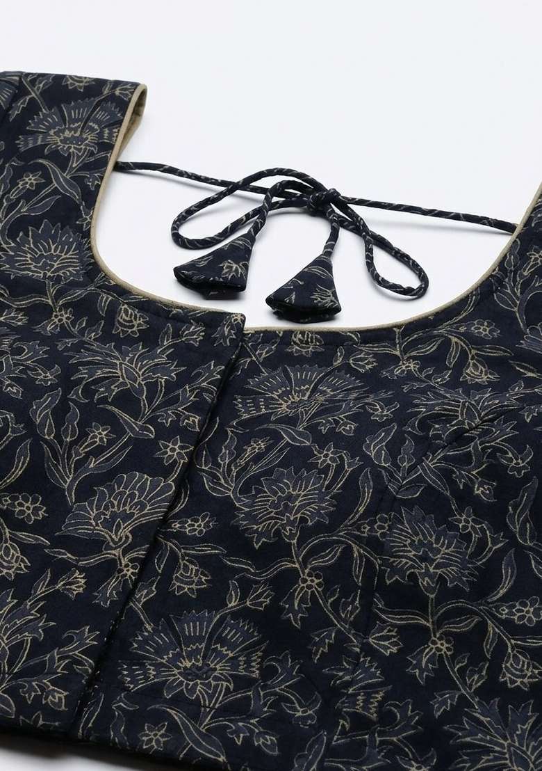 Navy Blue Printed Cotton Blouse - Indya