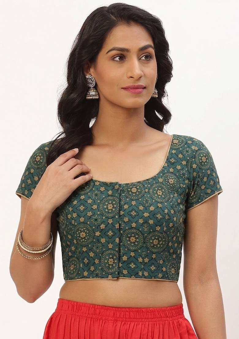 Green Printed Cotton Blouse - Indya