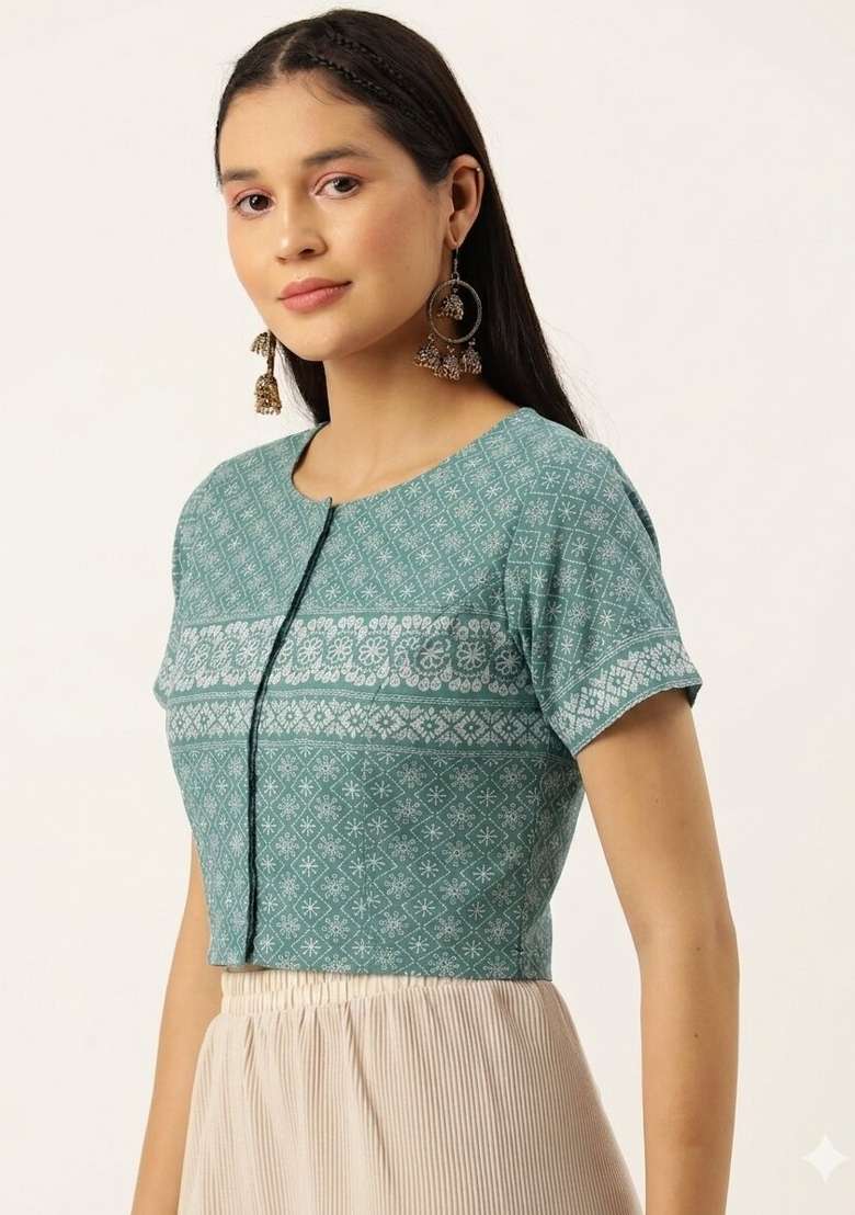 Green Printed Cotton Blouse - Indya