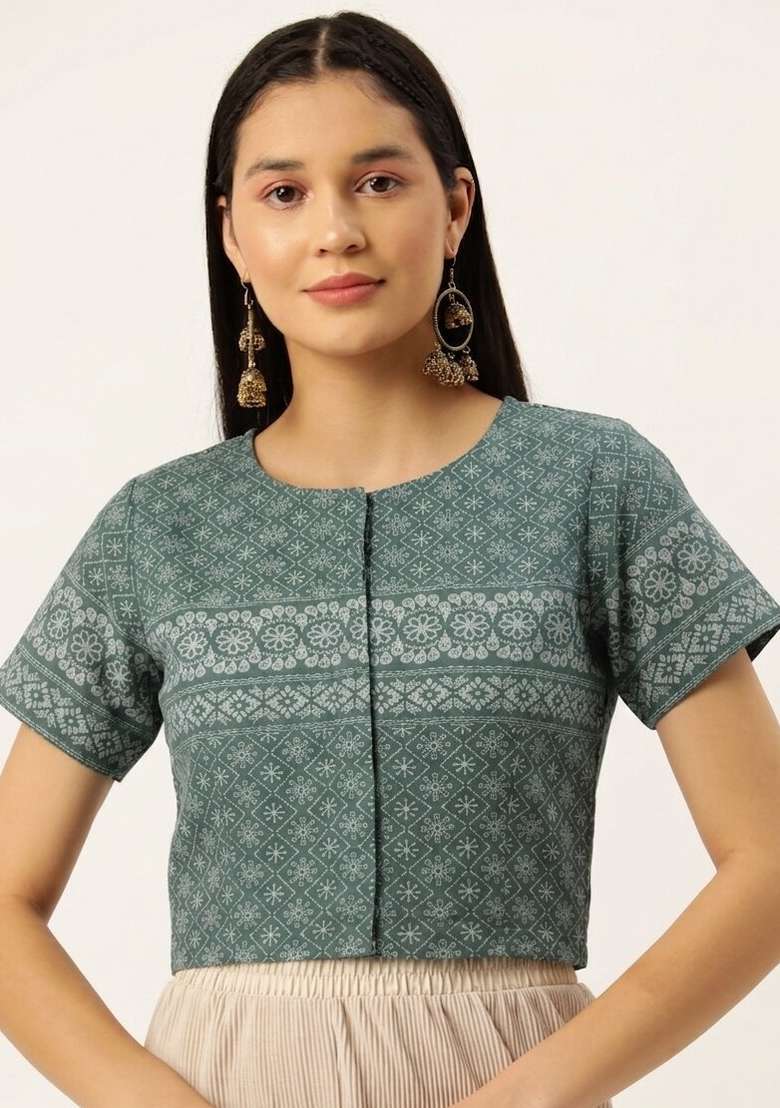 Green Printed Cotton Blouse - Indya