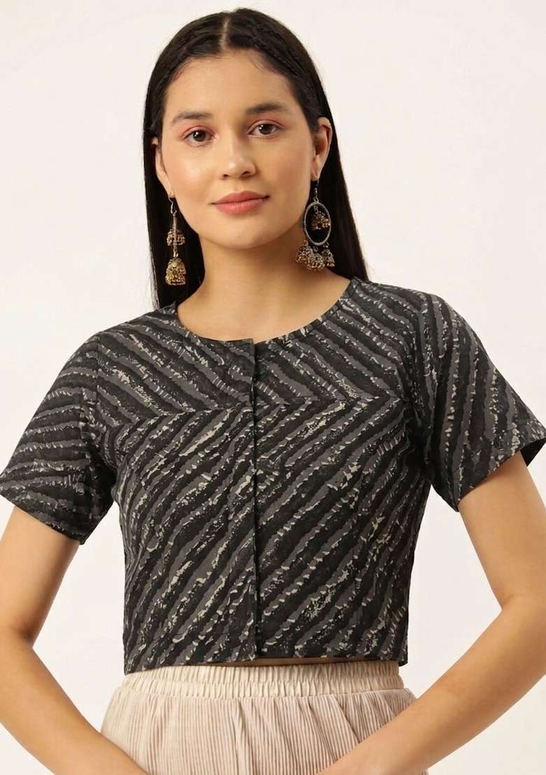 Black Printed Cotton Blouse - Indya