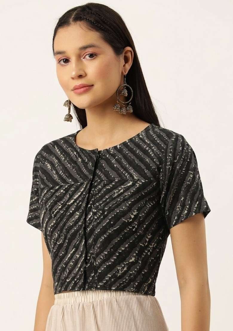 Black Printed Cotton Blouse - Indya
