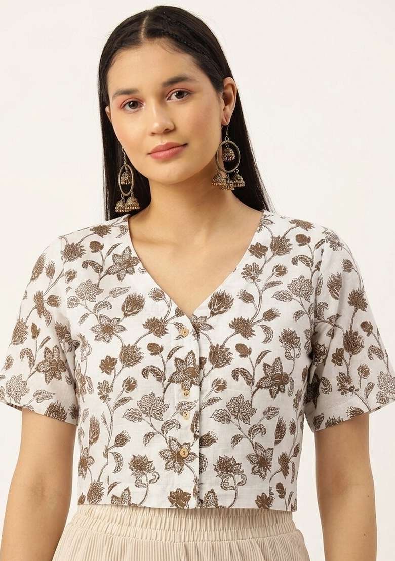 White Printed Cotton Blouse - Indya