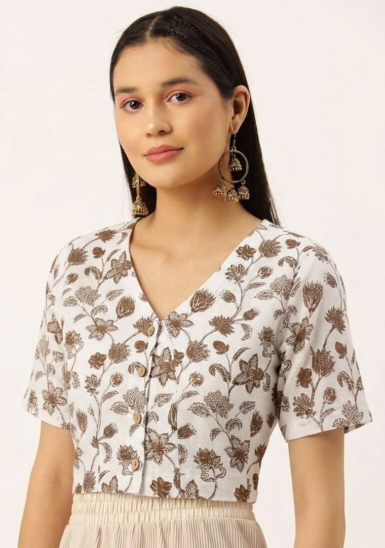 White Printed Cotton Blouse - Indya