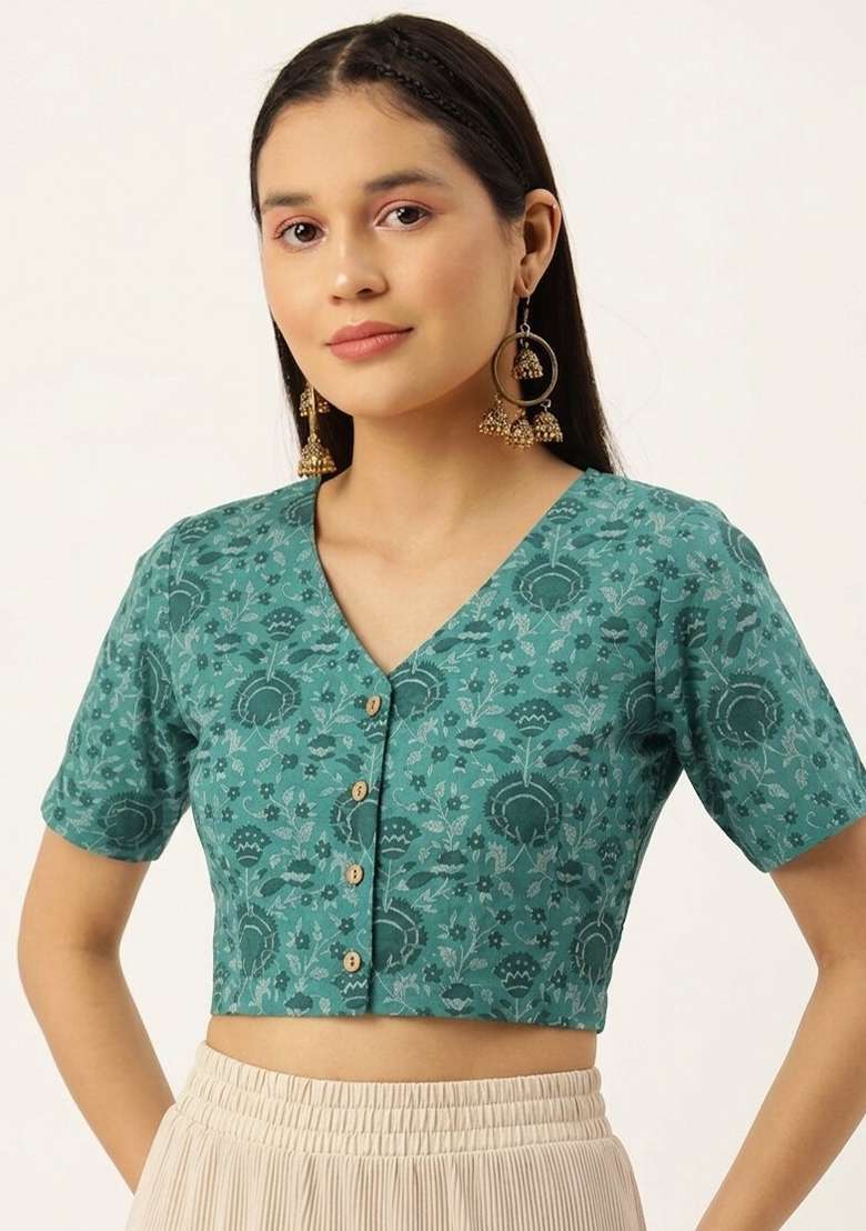 Green Printed Cotton Blouse - Indya