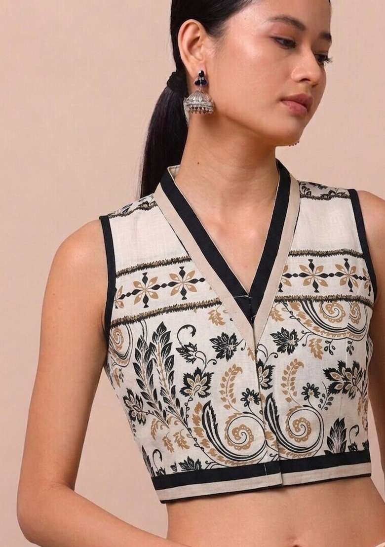 White Printed Cotton Blouse - Indya