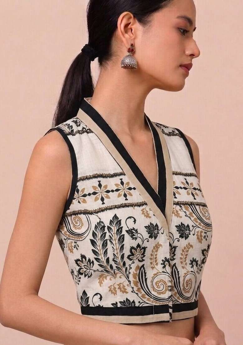 White Printed Cotton Blouse - Indya