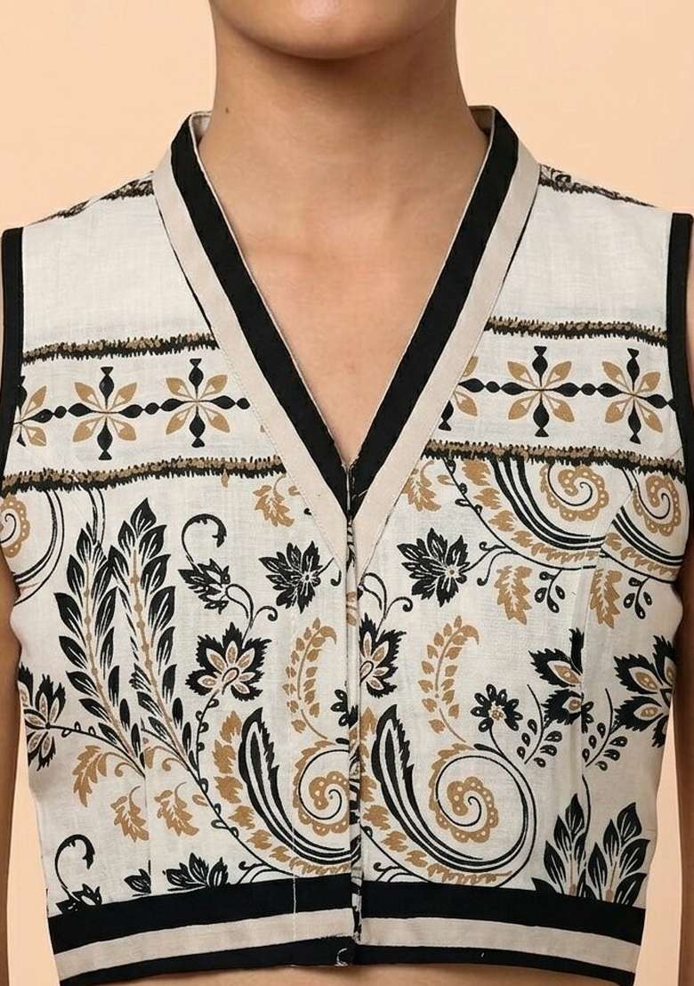 White Printed Cotton Blouse - Indya