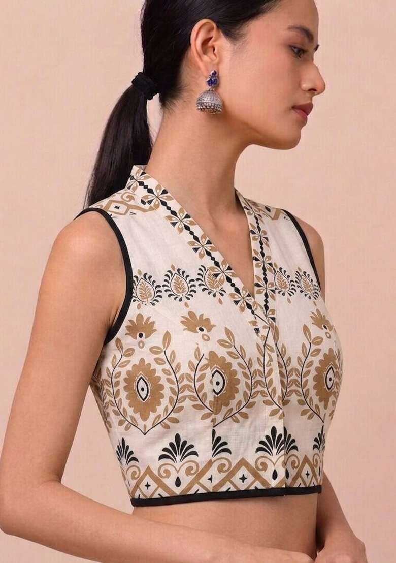 White Printed Cotton Blouse - Indya