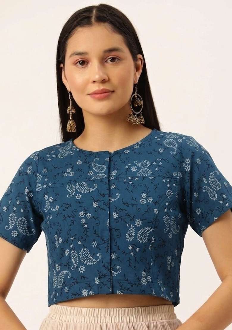 Blue Printed Cotton Blouse - Indya