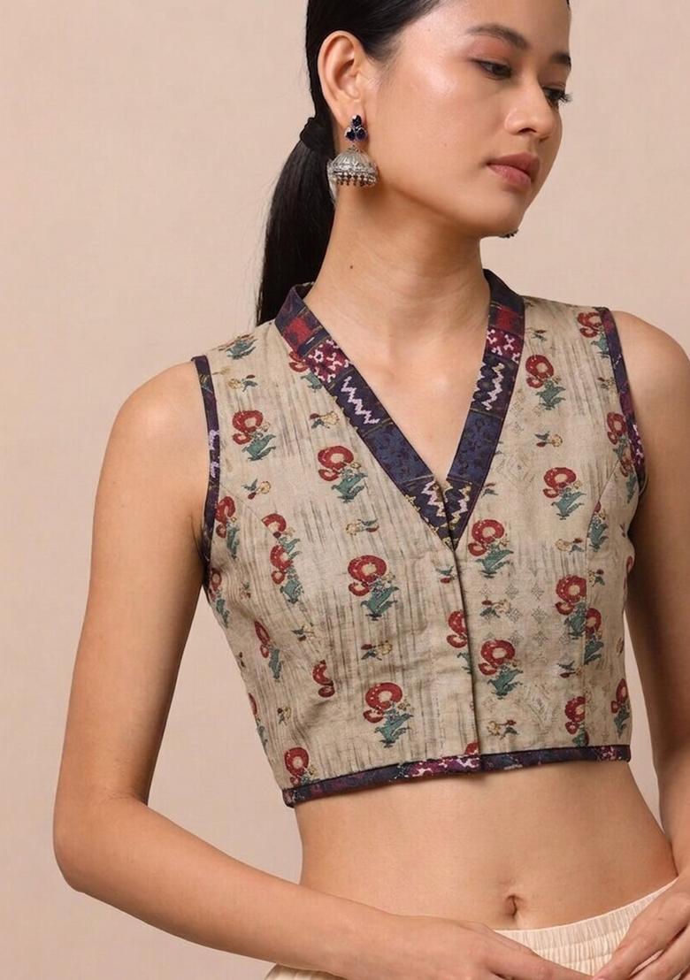 Beige Printed Cotton Blouse - Indya