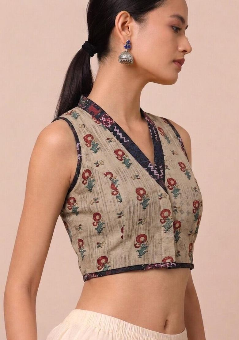 Beige Printed Cotton Blouse - Indya