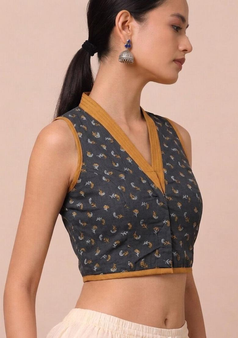 Grey Printed Cotton Blouse - Indya