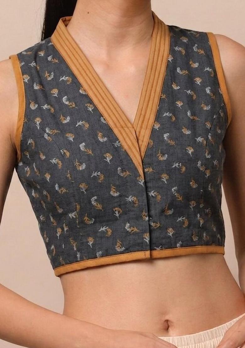 Grey Printed Cotton Blouse - Indya