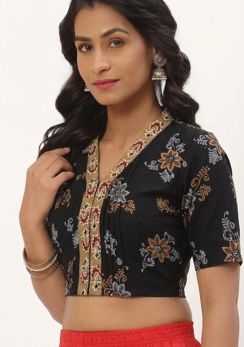 Black Printed Cotton Blouse - Indya