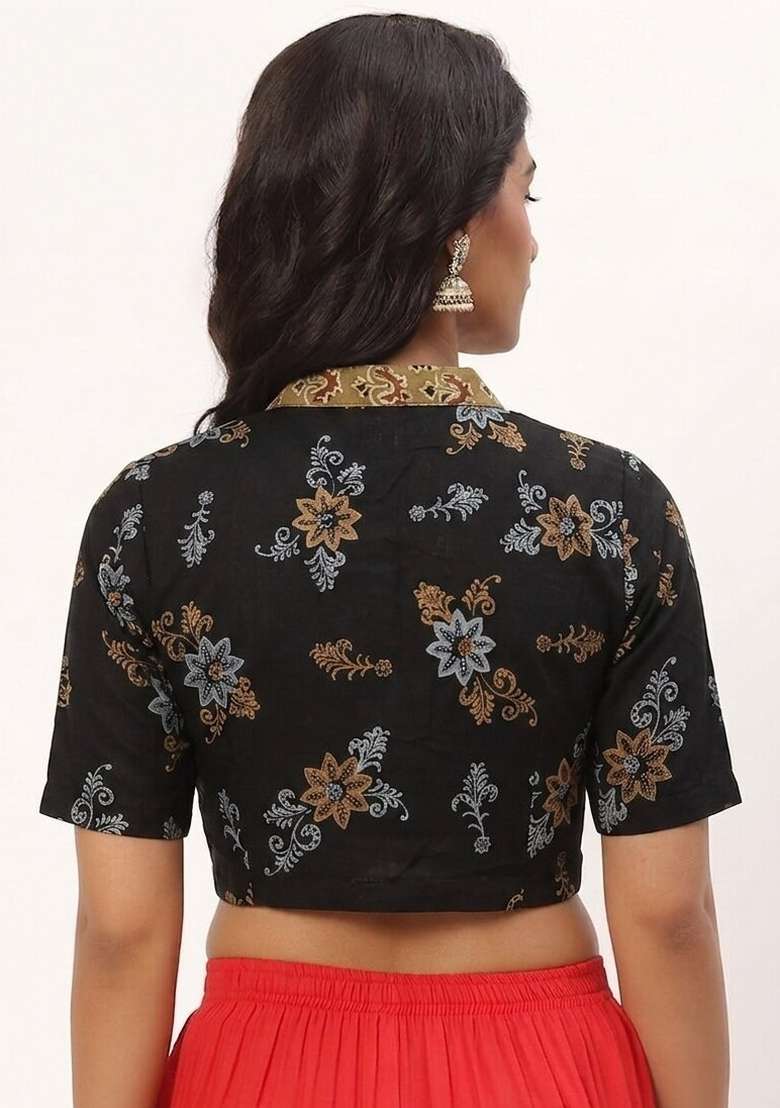 Black Printed Cotton Blouse - Indya