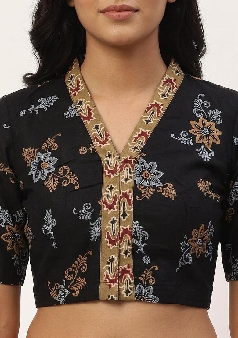 Black Printed Cotton Blouse - Indya