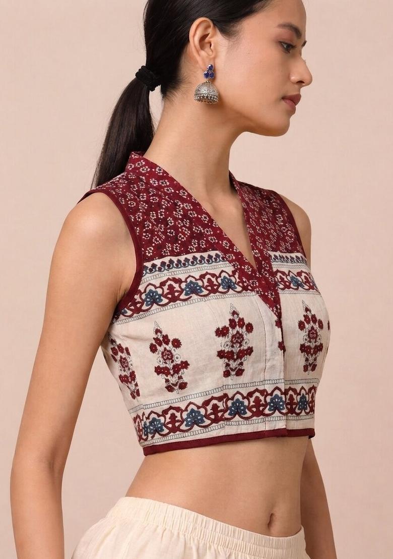White Printed Cotton Blouse - Indya
