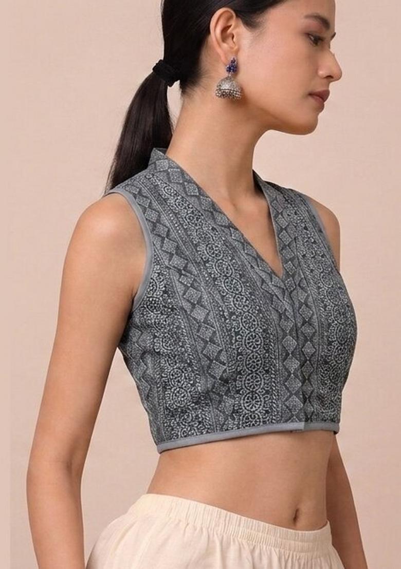 Grey Printed Cotton Blouse - Indya