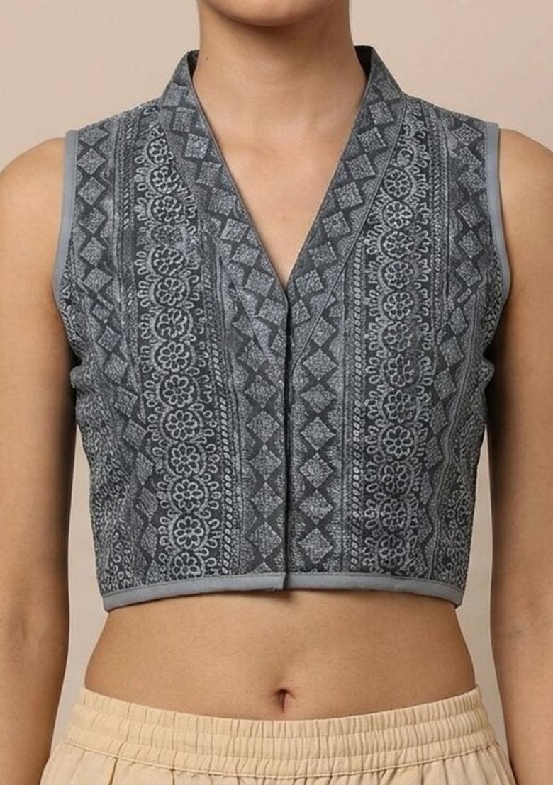 Grey Printed Cotton Blouse - Indya