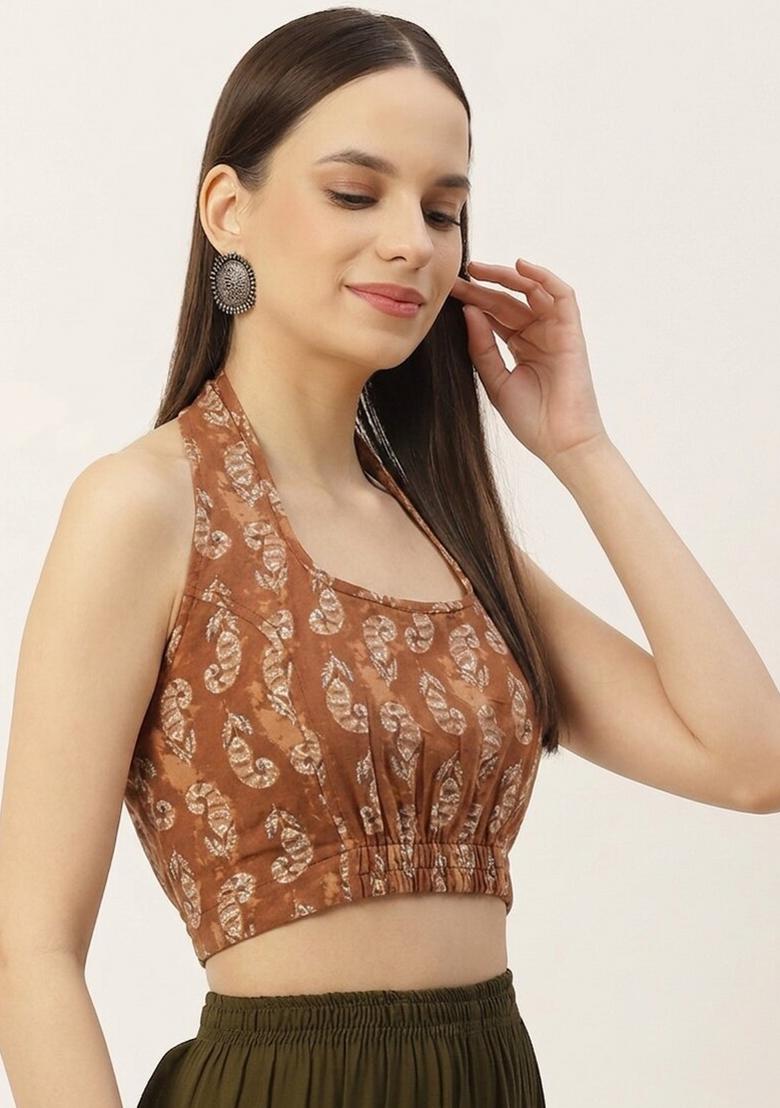 Brown Printed Cotton Blouse - Indya