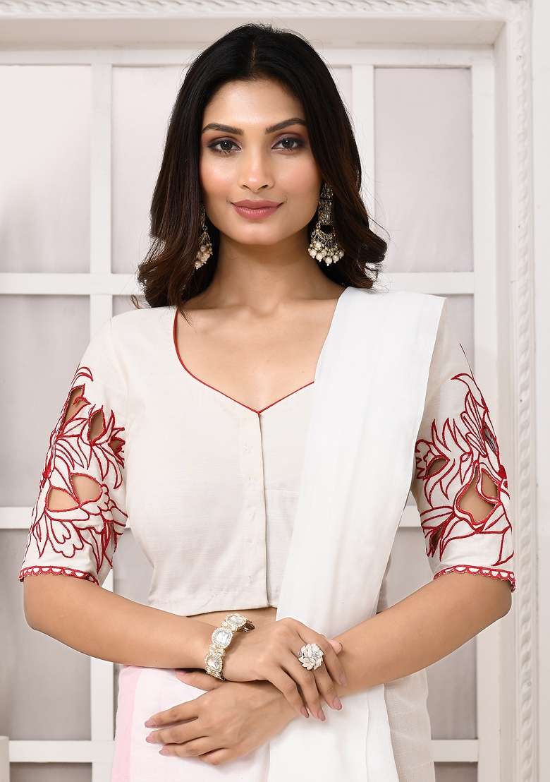 White Designer Cotton Blouse - Indya