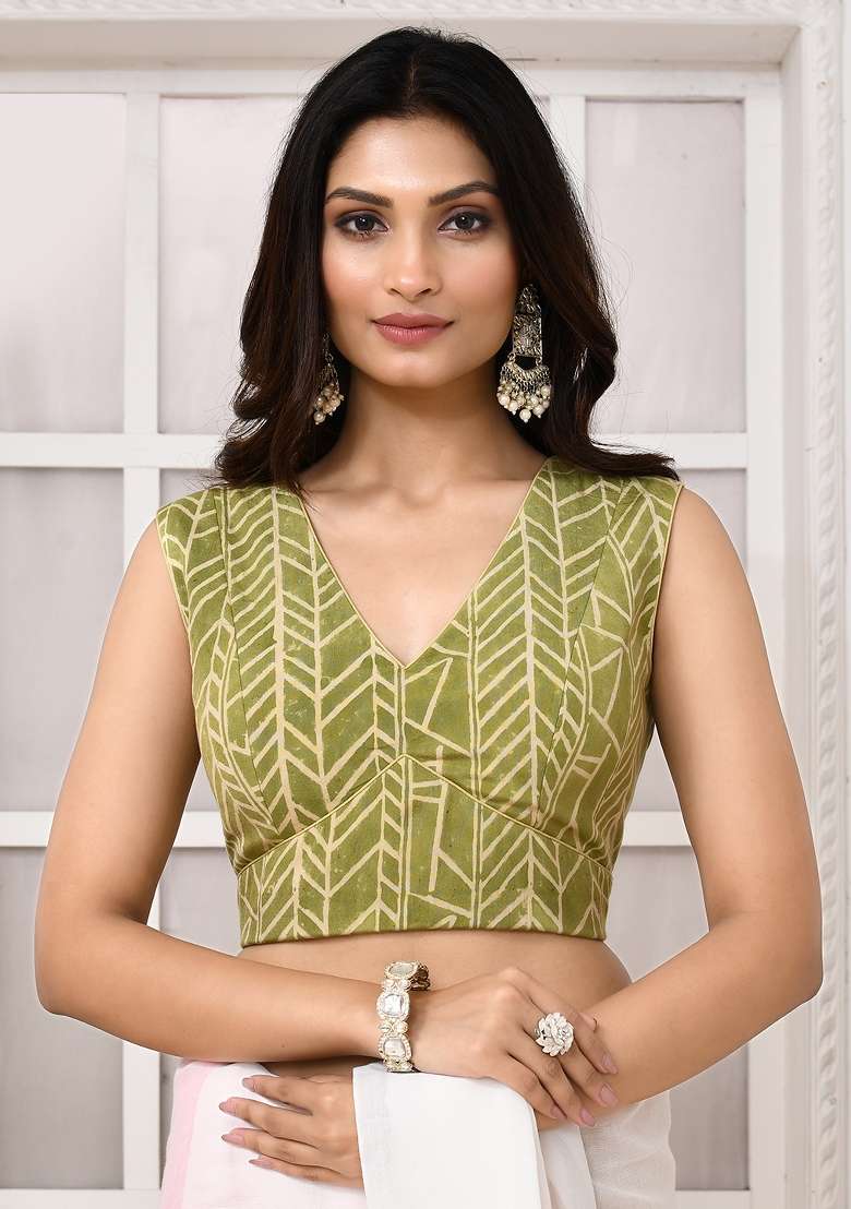Olive Green Designer Silk Blouse - Indya