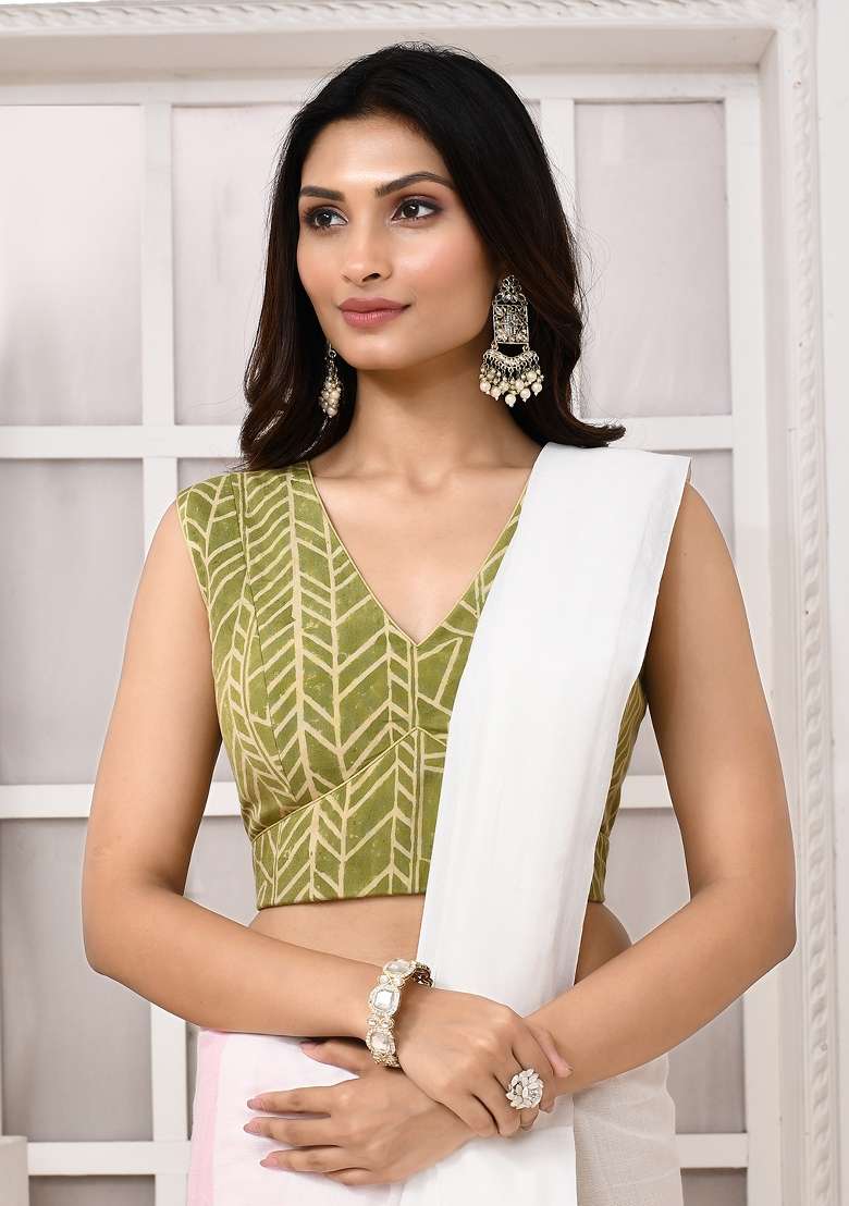 Olive Green Designer Silk Blouse - Indya