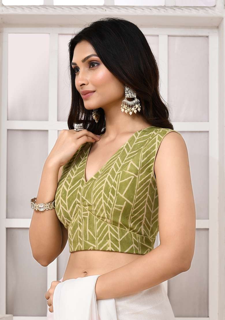 Olive Green Designer Silk Blouse - Indya