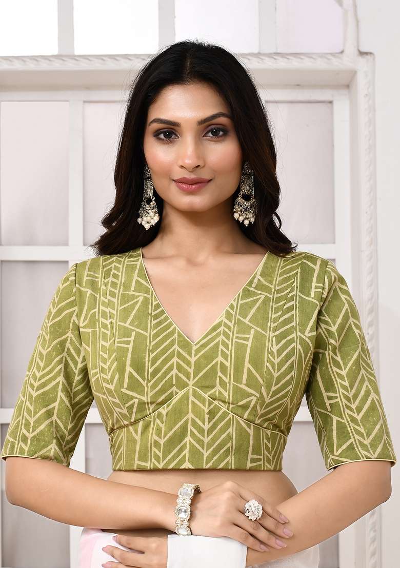 Olive Green Designer Silk Blouse - Indya