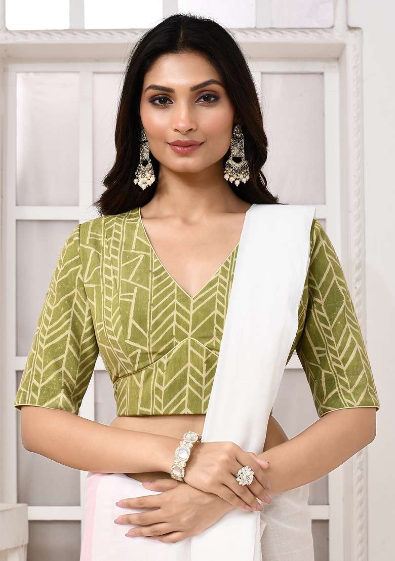 Olive Green Designer Silk Blouse - Indya