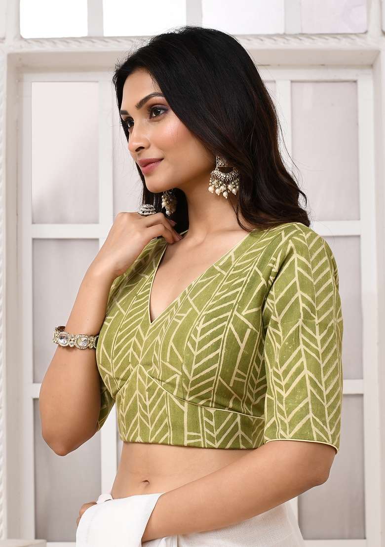 Olive Green Designer Silk Blouse - Indya