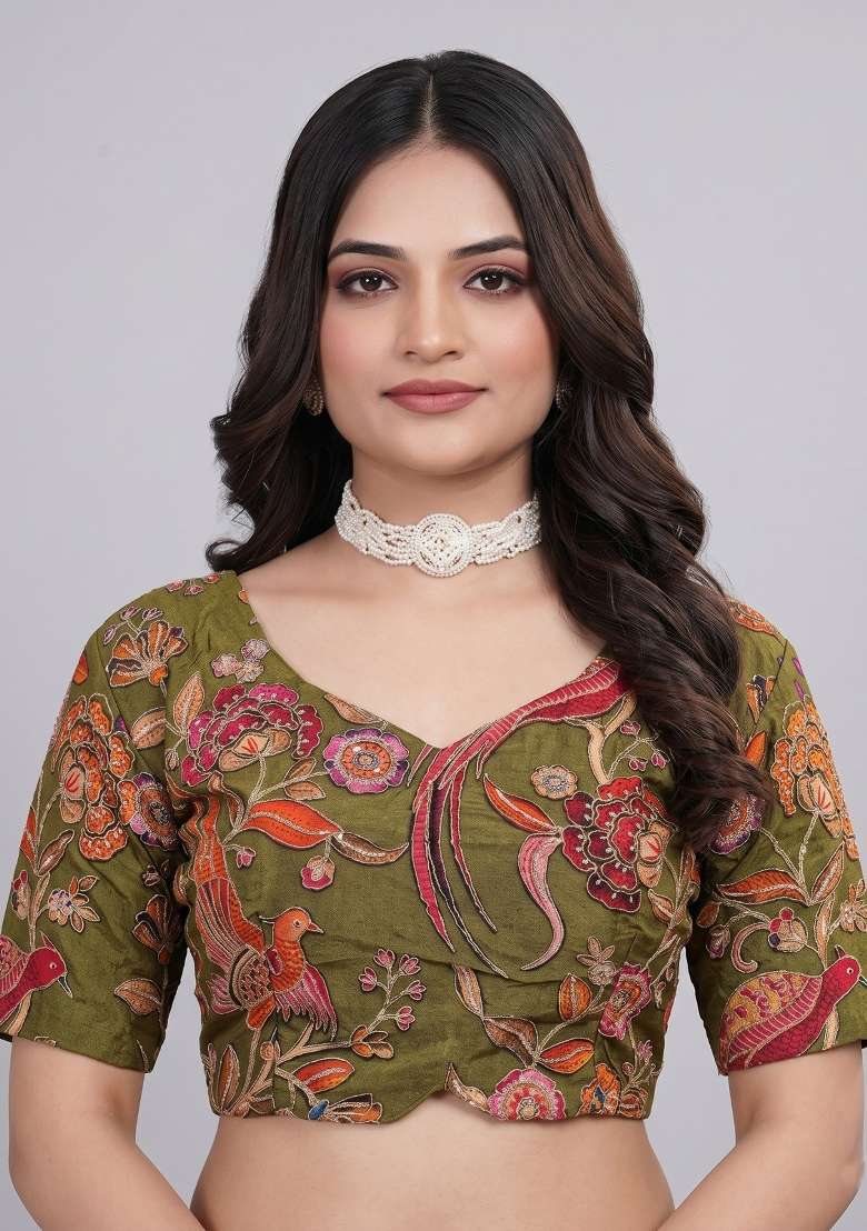 Olive Green Printed Viscose Blouse - Indya
