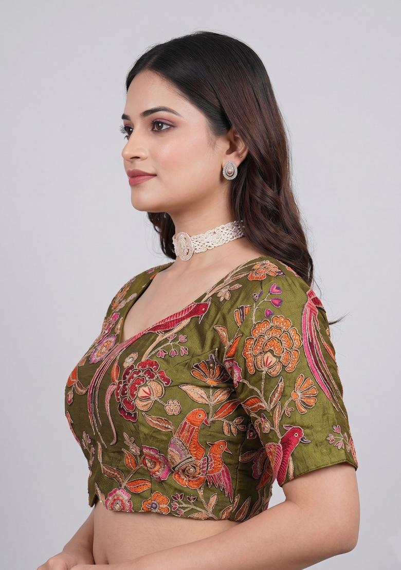 Olive Green Printed Viscose Blouse - Indya