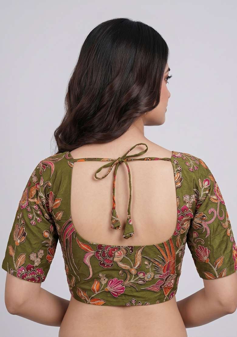Olive Green Printed Viscose Blouse - Indya