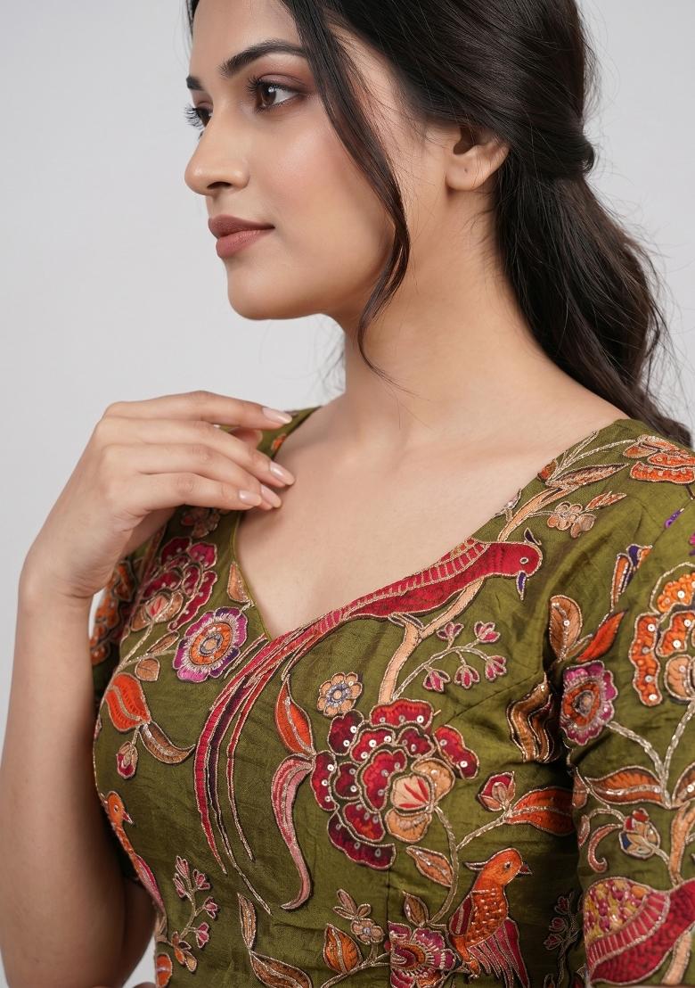 Olive Green Printed Viscose Blouse - Indya