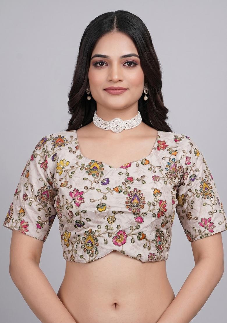 Cream Embroidered Viscose Blouse - Indya