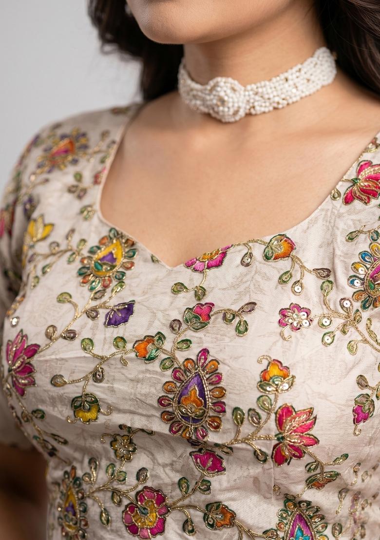 Cream Embroidered Viscose Blouse - Indya