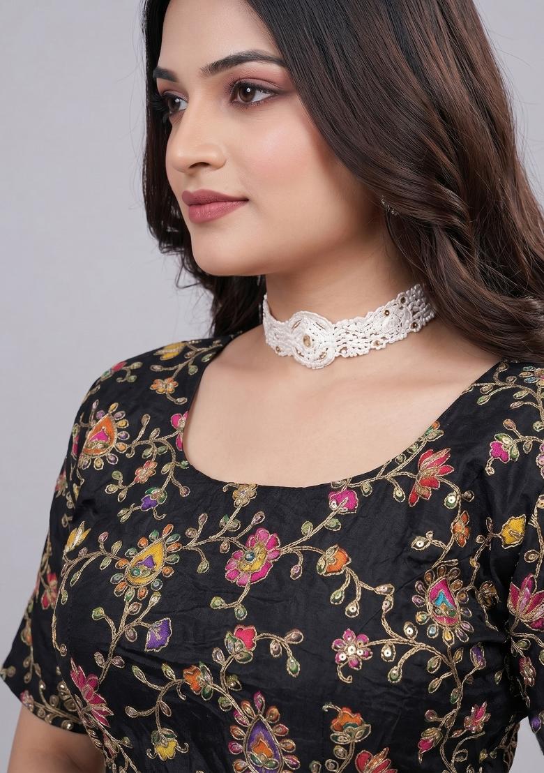 Black Embroidered Viscose Blouse - Indya